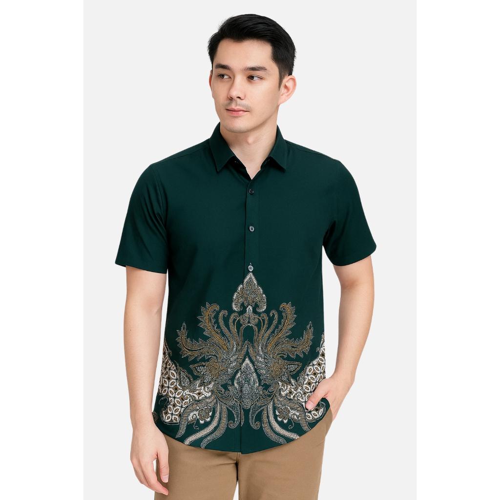 Odza Set Batik Couple Kemeja Rok Lilit Hem Couple Pria Kebaya Wanita Lengan Pendek Jumputan Hitam Priyatama Motif Setelan