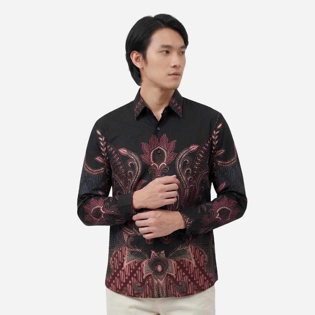Odza Kemeja Batik Lengan Panjang Modern Pria Cotton Printing Slim Regular Fit Jumbo Spatia Hitam Maroon Coklat