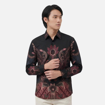 Odza Kemeja Batik Lengan Panjang Modern Pria Cotton Printing Slim Regular Fit Jumbo Spatia Hitam Maroon Coklat