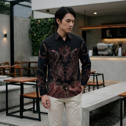 Odza Kemeja Batik Lengan Panjang Modern Pria Cotton Printing Slim Regular Fit Jumbo Spatia Hitam Maroon Coklat