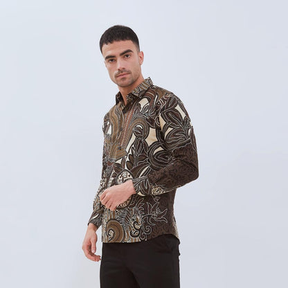 ODZACLASSIC Kemeja Batik Pria Salena Lengan Panjang Slim Fit Jumbo Modern Coklat & Hitam Motif Batik Kombinasi Katun Nyaman Formal Motif Motif