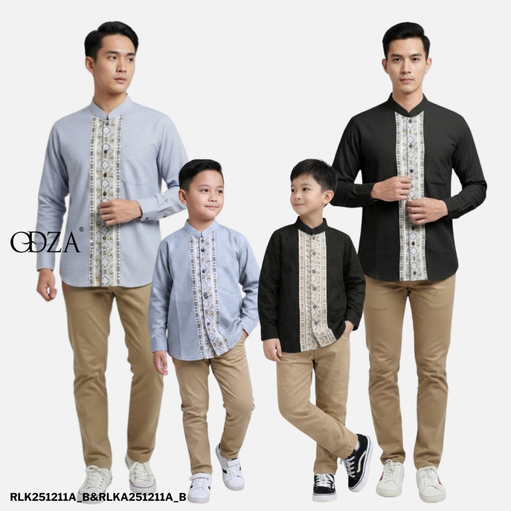 Odza Baju Koko Couple Bapak Anak Lengan Panjang Arabish Abu Tua Kemeja Muslim Ayah Anak Regular Fit Minimalis Bahan Halus Adem