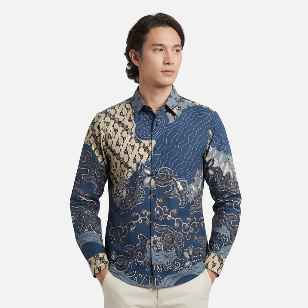 Odza Batik Couple Set Kemeja Pria Blouse Wanita Lengan Panjang 7/8 Cotton Printing Slim Fit Jumbo Javastera Biru