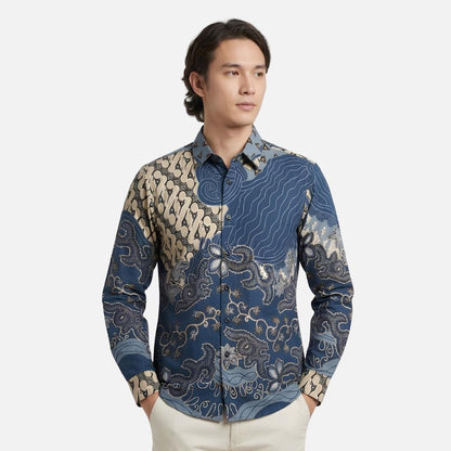 Odza Batik Couple Set Kemeja Pria Blouse Wanita Lengan Panjang 7/8 Cotton Printing Slim Fit Jumbo Javastera Biru