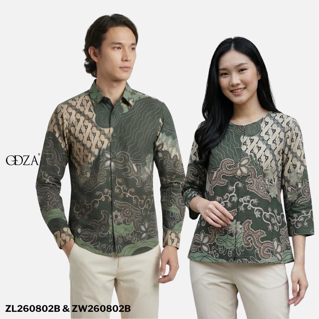 Odza Batik Couple Set Kemeja Pria Blouse Wanita Lengan Panjang 7/8 Cotton Printing Slim Fit Jumbo Dakota Hijau