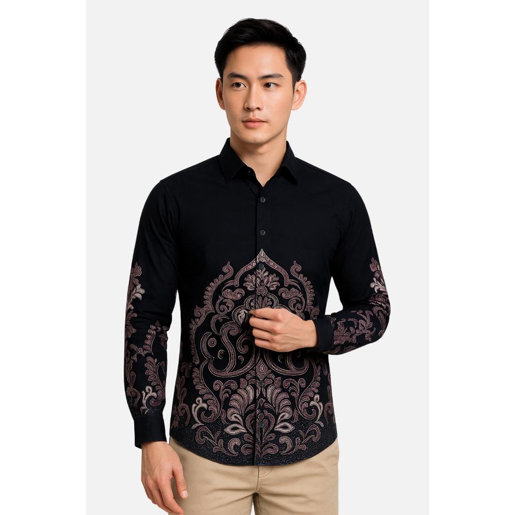 Odza Set Kemeja Rok Lilit Batik Couple Pria Wanita Lengan Panjang Kebaya Motif Jumputan Hitam Naradipta