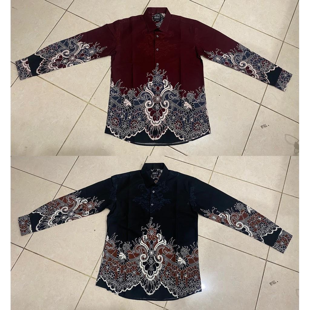 Odza Kemeja Batik Pria Slim Fit Lengan Panjang Katun Premium Baju Kerja Kondangan Maroon Hitam