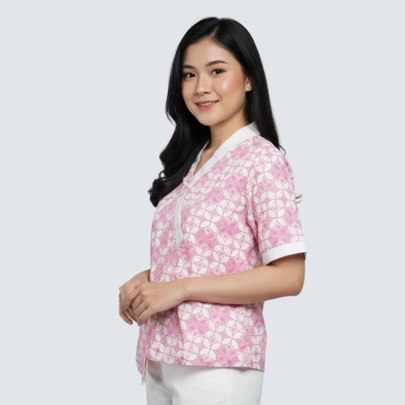 Odza Atasan Blouse Batik Modern Etnik Wanita Lengan Pendek Kimono Trikot Furing Merah Pink