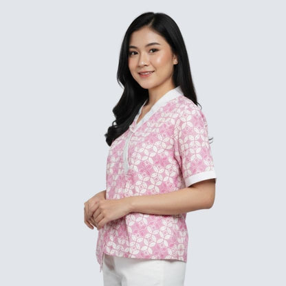 Odza Atasan Blouse Batik Modern Etnik Wanita Lengan Pendek Kimono Trikot Furing Merah Pink