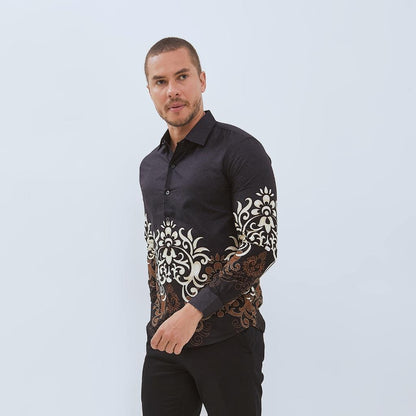 Odza Baju Kemeja Batik Slim Regular Fit Pria Lengan Panjang Modern Hitam Abu tua Waradana
