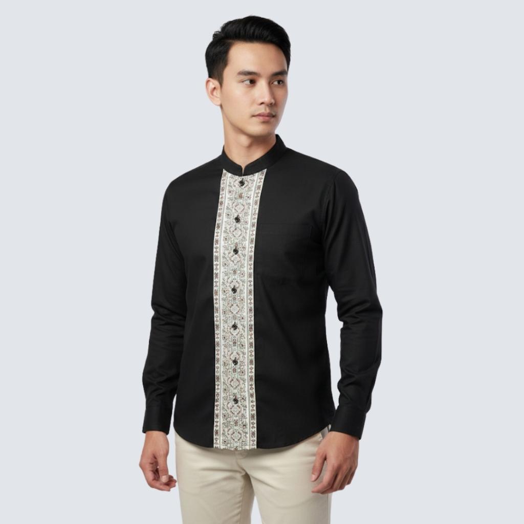 Odza Baju Koko Modern Lengan Panjang Pria Regular Style Minimalis Kombinasi Bahan Halus Adem Arabish Abu Tua