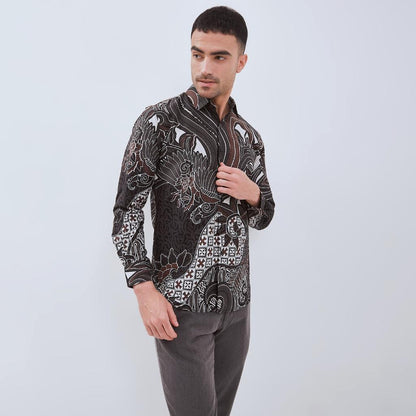 ODZACLASSIC Kemeja Batik Pria Salena Lengan Panjang Slim Fit Jumbo Modern Coklat & Hitam Motif Batik Kombinasi Katun Nyaman Formal Motif Motif