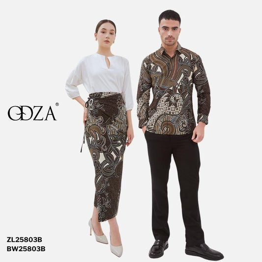 ODZACLASSIC Odza Set Seragam Kemeja Rok Couple Batik Pria Wanita Lengan Panjang Rok Lilit Kebaya Aswin Baju Batik Pasangan Slim Fit Kain Katun Printing 40s Motif Unik Orisinal
