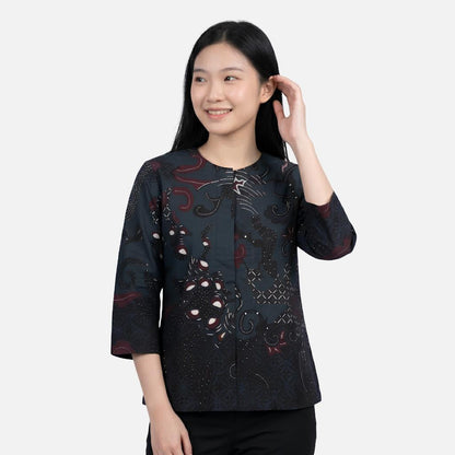 Odza Blouse Batik Wanita Lengan 7/8 Katun Premium Baju Kerja Kondangan Atasan Kebaya Decaddi Hitam