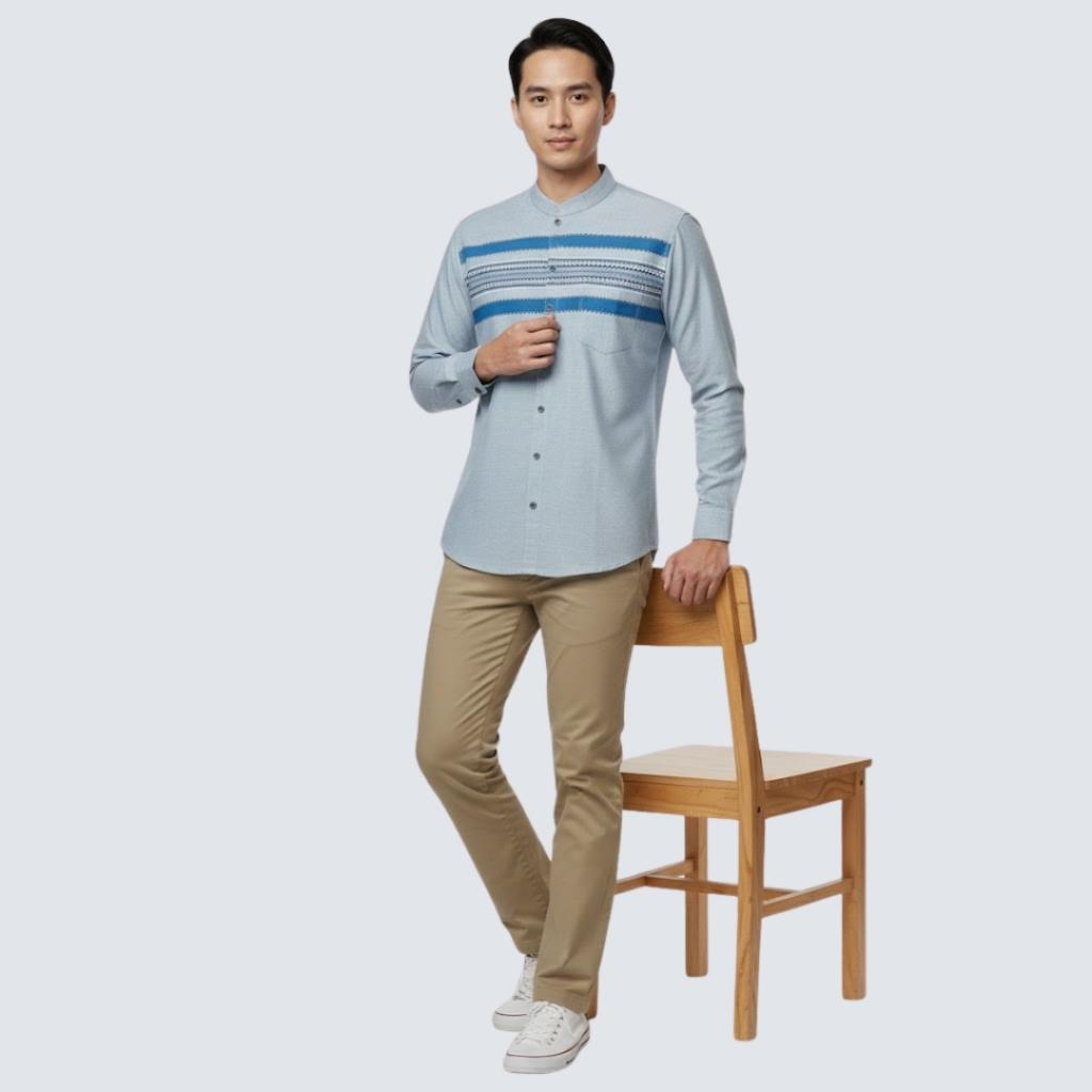 Odza Baju Koko Lengan Panjang Kombinasi Pria Regular fit Modern Kemeja Muslim Modern Batris Biru