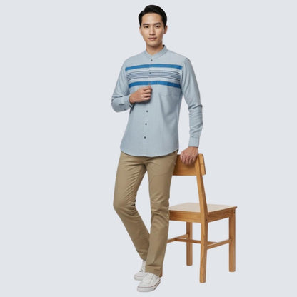 Odza Baju Koko Lengan Panjang Kombinasi Pria Regular fit Modern Kemeja Muslim Modern Batris Biru