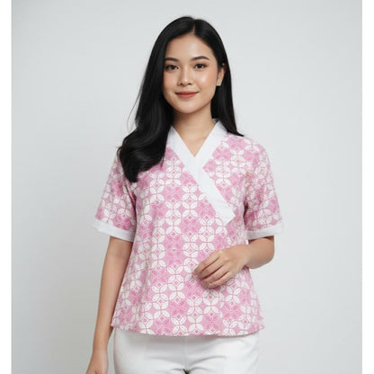 Odza Atasan Blouse Batik Modern Etnik Wanita Lengan Pendek Kimono Trikot Furing Merah Pink