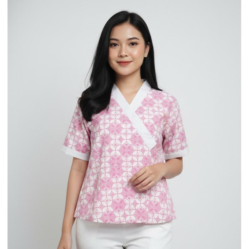 Odza Atasan Blouse Batik Modern Etnik Wanita Lengan Pendek Kimono Trikot Furing Merah Pink
