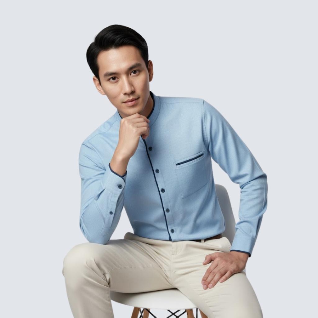 Odza Baju Koko Pria Lengan Panjang Polos Slim Fit Baju Kemeja Kerah Mandarin Kermana Biru Muda