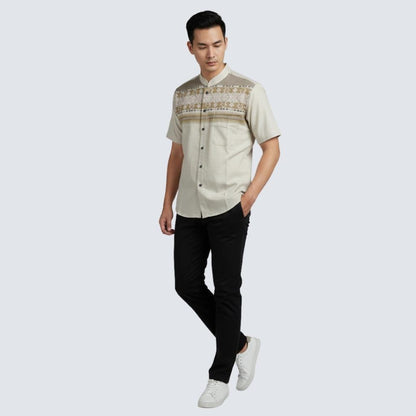 Odza Baju Koko Lengan Pendek Pria Dewasa Kemeja Kerah Mandarin Katun Import Model Terbaru Fahimka Cream
