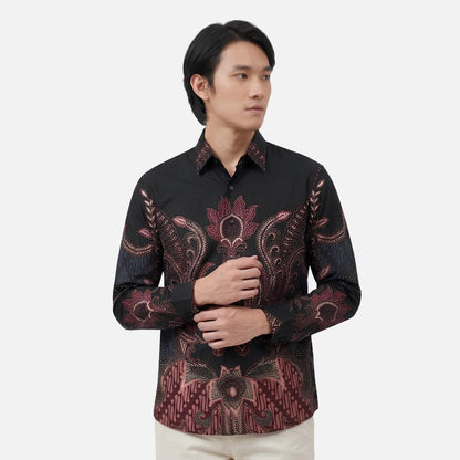 Odza Kemeja Batik Lengan Panjang Modern Pria Cotton Printing Slim Regular Fit Jumbo Dakupa Coklat Hitam Maroon