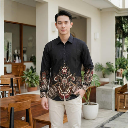 Odza Kemeja Batik Pria Slim Fit Lengan Panjang Katun Premium Baju Kerja Kondangan Demis Hitam Navy
