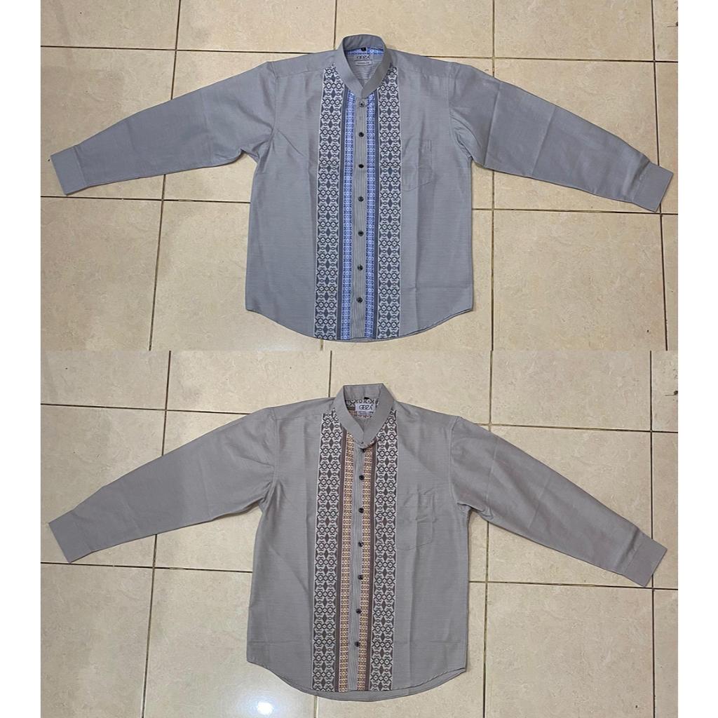 Odza Baju Kemeja Koko Pria Lengan Panjang Motif Kombinasi Strip Elegan Duffia Abu-abu