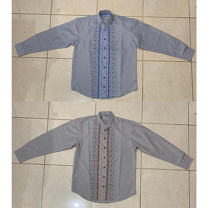 Odza Baju Kemeja Koko Pria Lengan Panjang Motif Kombinasi Strip Elegan Duffia Abu-abu