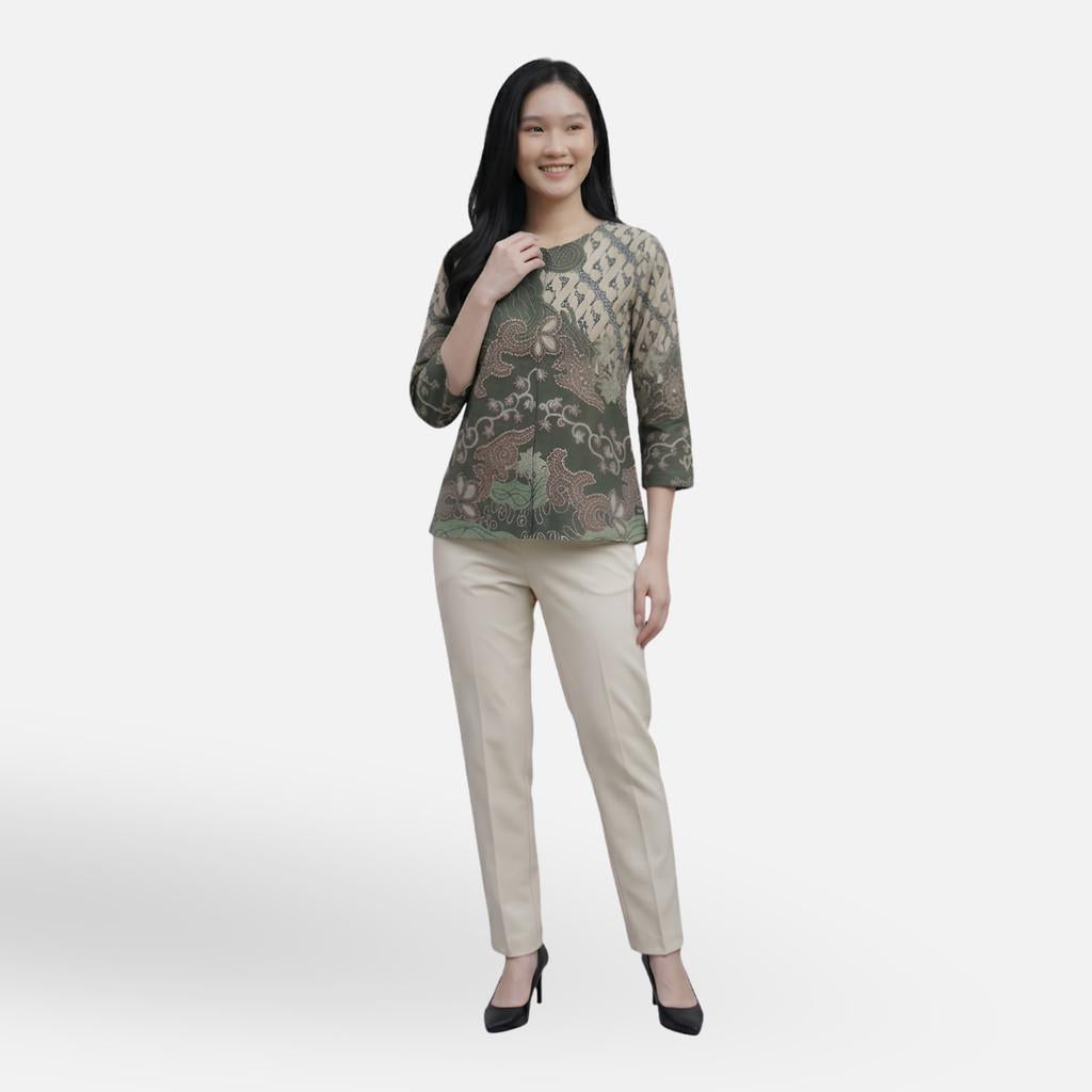 Odza Blouse Batik Wanita Lengan 7/8 Atasan Kemeja Kerja Kondangan Modern Katun Premium Dakota Hijau Biru