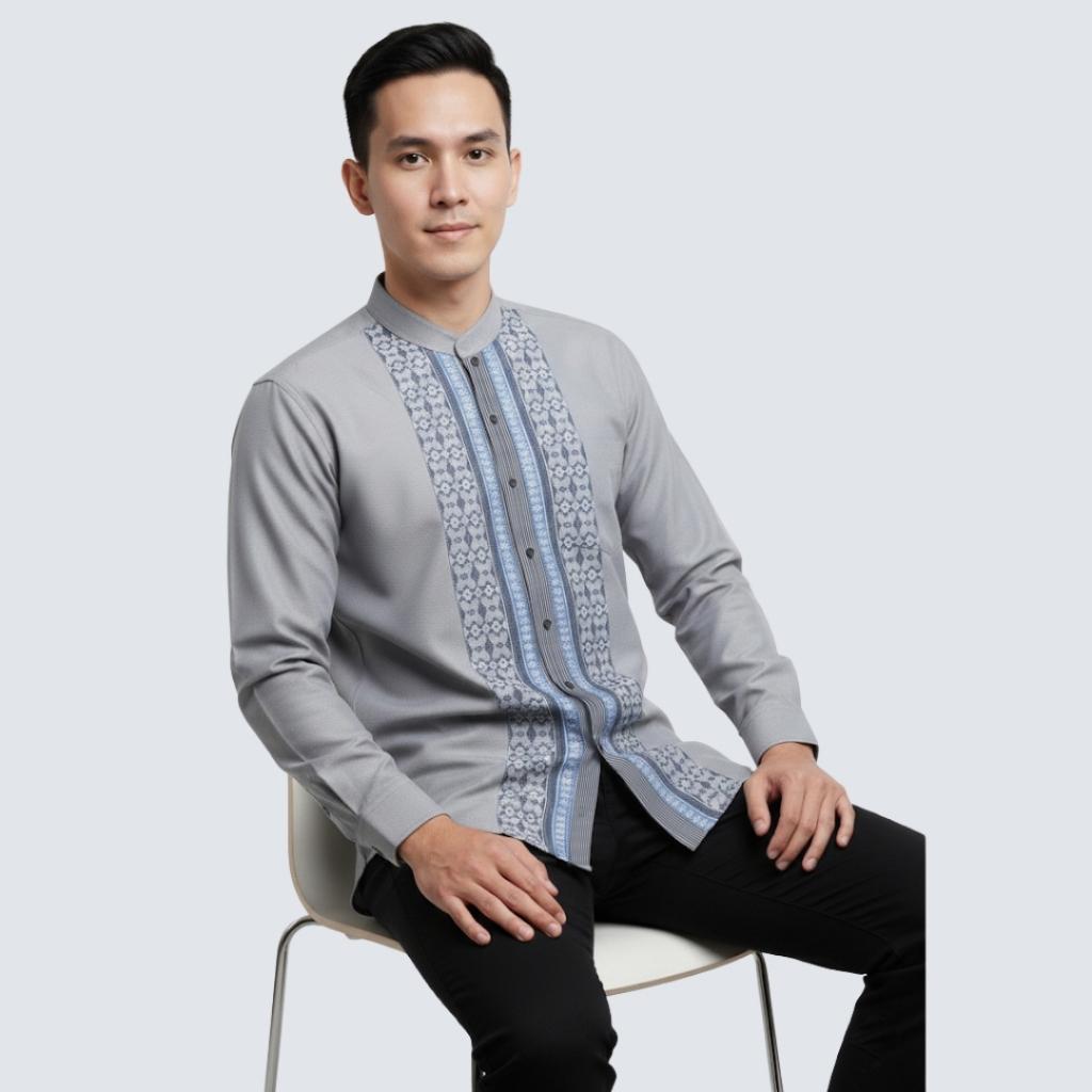 Odza Baju Kemeja Koko Pria Lengan Panjang Motif Kombinasi Strip Elegan Duffia Abu-abu