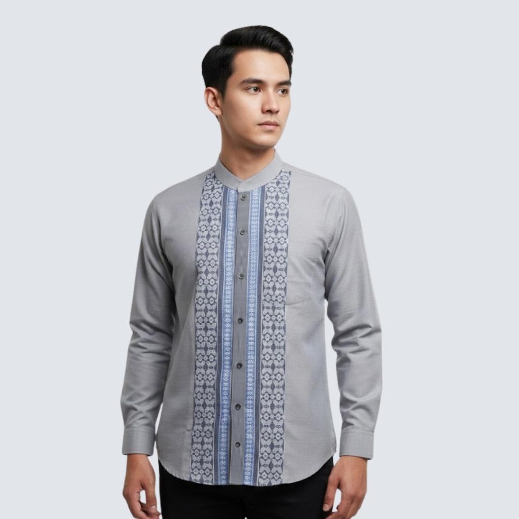 Odza Baju Kemeja Koko Pria Lengan Panjang Motif Kombinasi Strip Elegan Duffia Abu-abu
