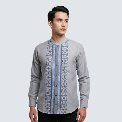 Odza Baju Kemeja Koko Pria Lengan Panjang Motif Kombinasi Strip Elegan Duffia Abu-abu