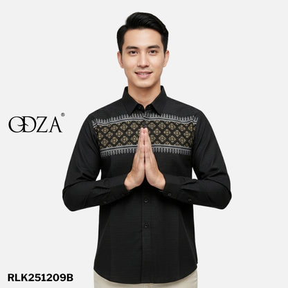 Odza Classic Baju Koko Lengan Panjang Regular Fit Kemeja Muslim Motif Pria Aalif Hitam Abu-abu