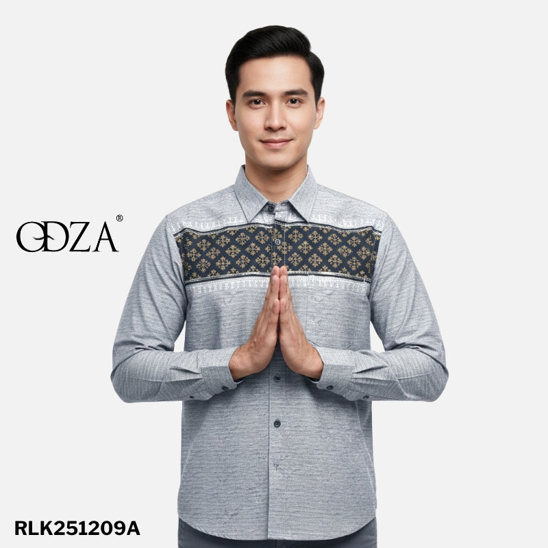 Odza Classic Baju Koko Lengan Panjang Regular Fit Kemeja Muslim Motif Pria Aalif Hitam Abu-abu