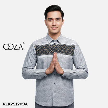 Odza Classic Baju Koko Lengan Panjang Regular Fit Kemeja Muslim Motif Pria Aalif Hitam Abu-abu