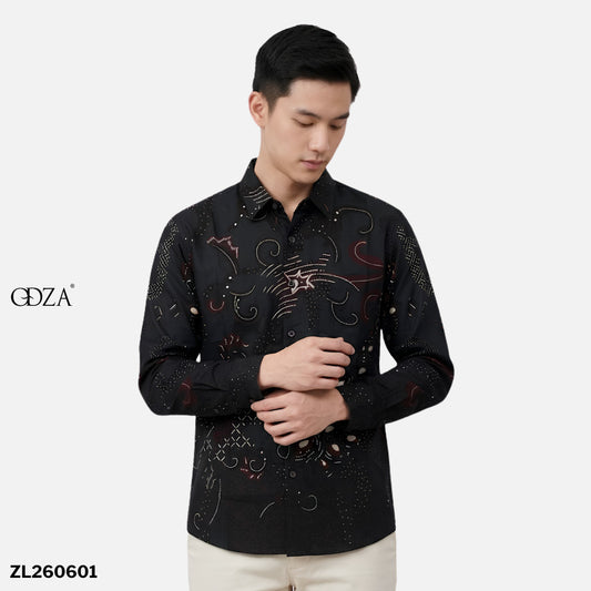 Odza Kemeja Batik Pria Slim Fit Lengan Panjang Katun Premium Baju Kerja Kondangan Decaddi Hitam