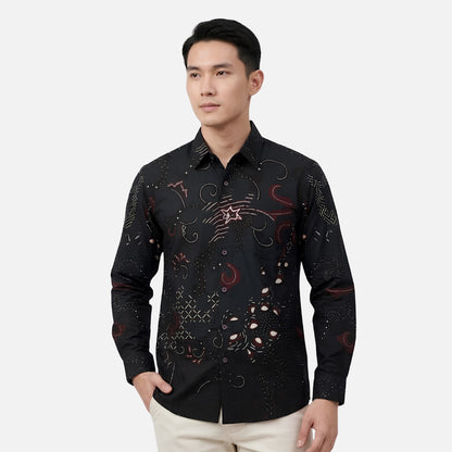 Odza Kemeja Batik Pria Slim Fit Lengan Panjang Katun Premium Baju Kerja Kondangan Decaddi Hitam