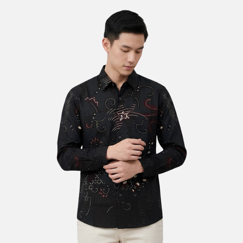 Odza Kemeja Batik Pria Slim Fit Lengan Panjang Katun Premium Baju Kerja Kondangan Decaddi Hitam