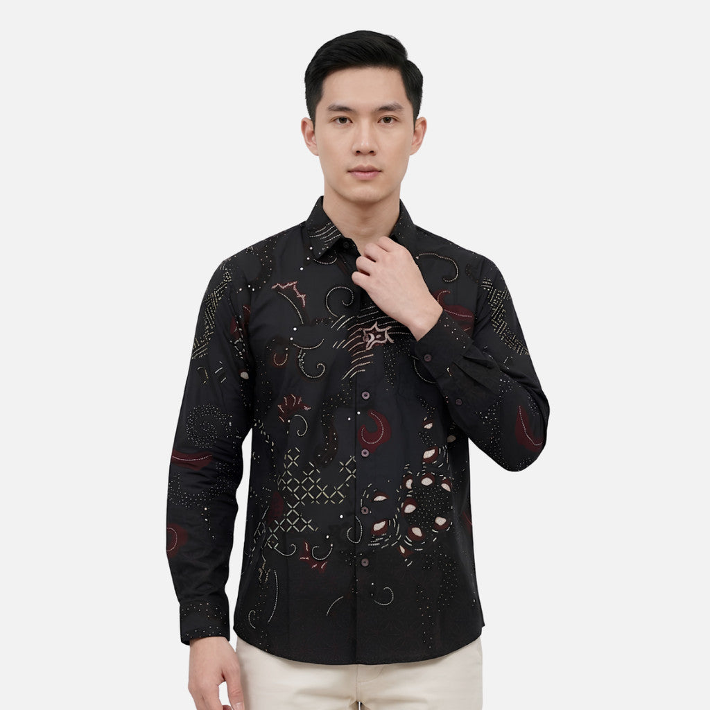 Odza Kemeja Batik Pria Slim Fit Lengan Panjang Katun Premium Baju Kerja Kondangan Decaddi Hitam