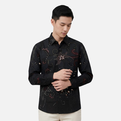 Odza Kemeja Batik Pria Slim Fit Lengan Panjang Katun Premium Baju Kerja Kondangan Decaddi Hitam