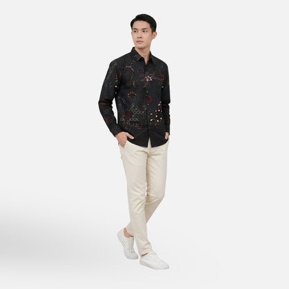 Odza Kemeja Batik Pria Slim Fit Lengan Panjang Katun Premium Baju Kerja Kondangan Decaddi Hitam