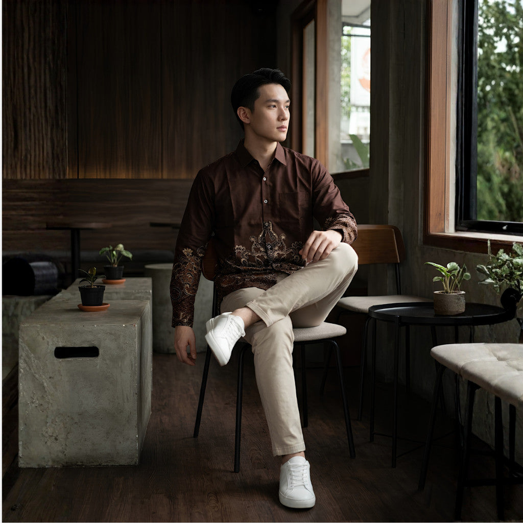 Odza Kemeja Batik Pria Slim Fit Lengan Panjang Katun Premium Baju Kerja Kondangan Askara Biru Tosca Coklat