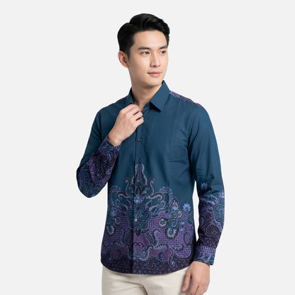 Odza Kemeja Batik Pria Slim Fit Lengan Panjang Katun Premium Baju Kerja Kondangan Druvira Coklat Biru Tosca