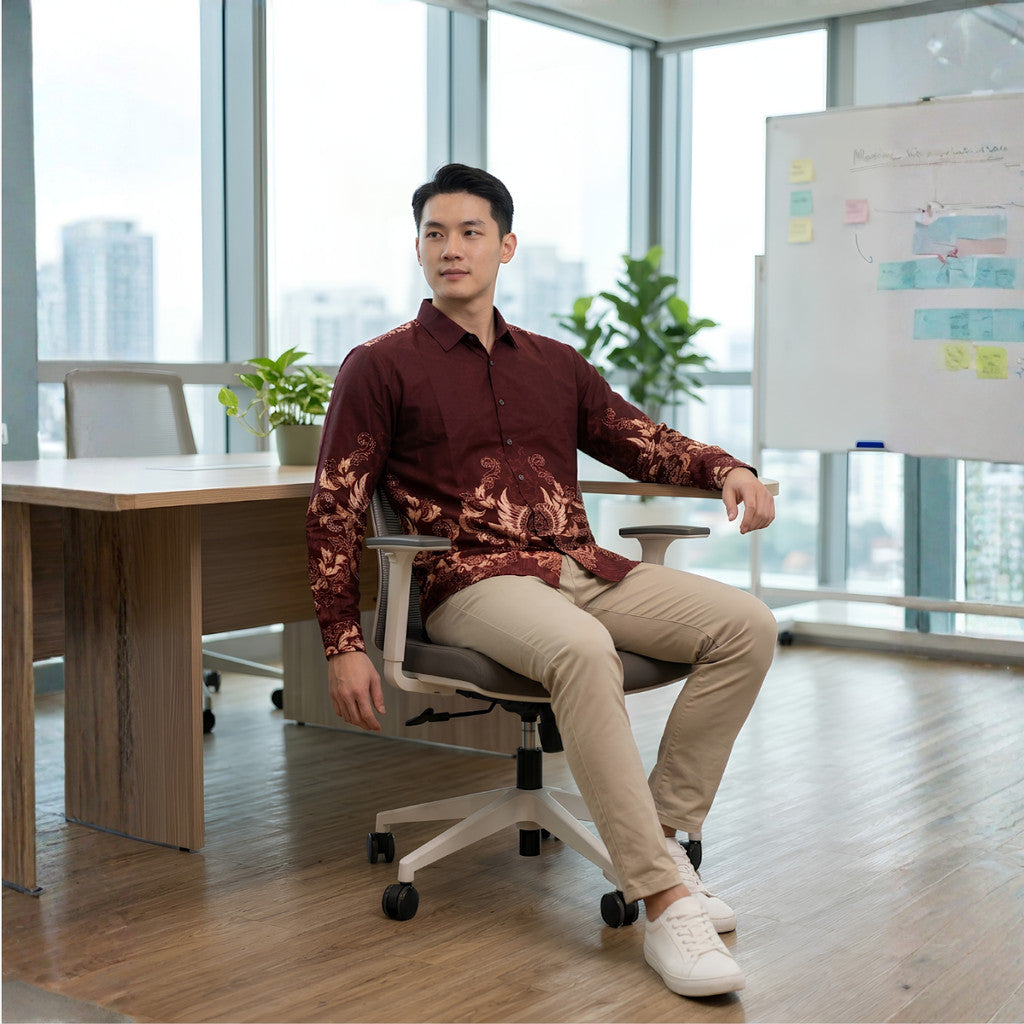Odza Kemeja Batik Pria Slim Fit Lengan Panjang Katun Premium Baju Kerja Kondangan Kenzie Maroon Coklat