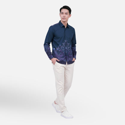Odza Kemeja Batik Pria Slim Fit Lengan Panjang Katun Premium Baju Kerja Kondangan Druvira Coklat Biru Tosca