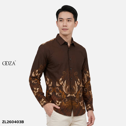 Odza Kemeja Batik Pria Slim Fit Lengan Panjang Katun Premium Baju Kerja Kondangan Kivandra Coklat Maroon