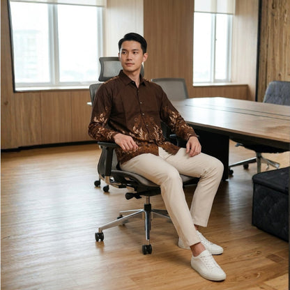 Odza Kemeja Batik Pria Slim Fit Lengan Panjang Katun Premium Baju Kerja Kondangan Kenzie Maroon Coklat