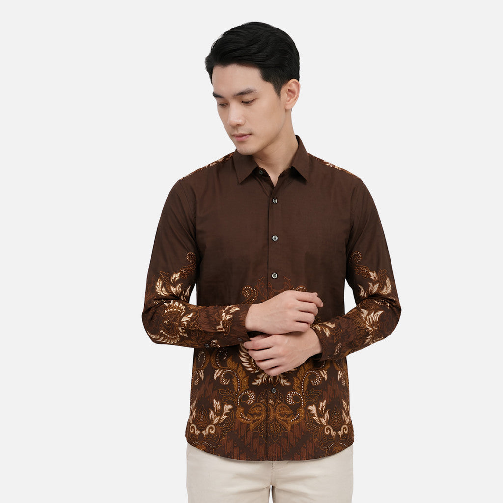 Odza Kemeja Batik Pria Slim Fit Lengan Panjang Katun Premium Baju Kerja Kondangan Kenzie Maroon Coklat