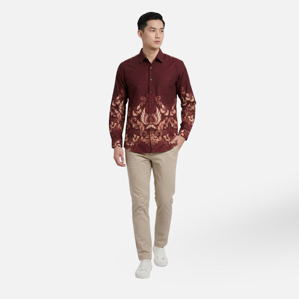 Odza Kemeja Batik Pria Slim Fit Lengan Panjang Katun Premium Baju Kerja Kondangan Kivandra Coklat Maroon