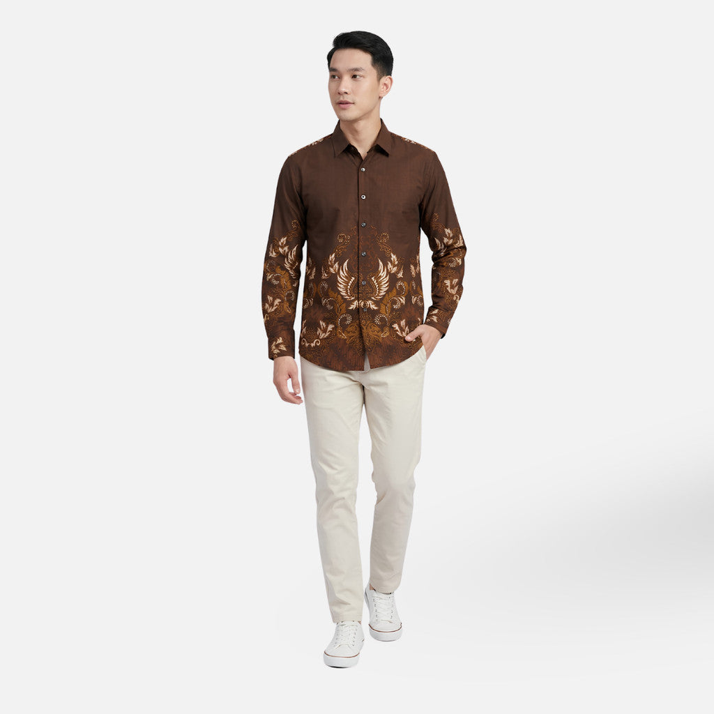 Odza Kemeja Batik Pria Slim Fit Lengan Panjang Katun Premium Baju Kerja Kondangan Kivandra Coklat Maroon
